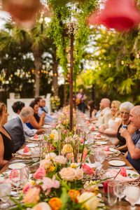 intimate wedding, long table, coral, pink, tropical